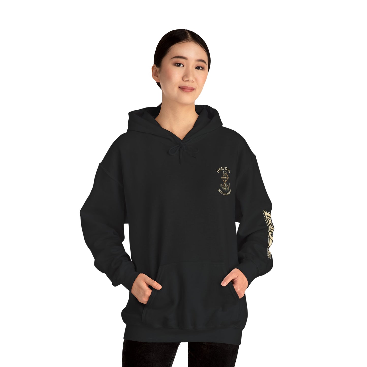 Navy Anchor Hoodie — "Local 32 oz. Deep Sea Division" Graphic Pullover