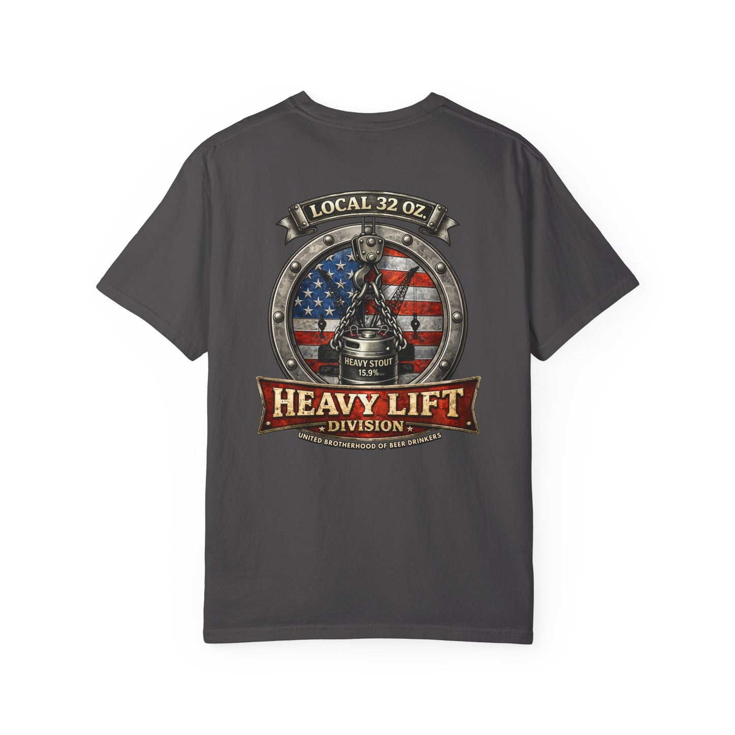 Heavy Lift Division Local 32 oz. T-Shirt — American Flag Rigging Crew Tee