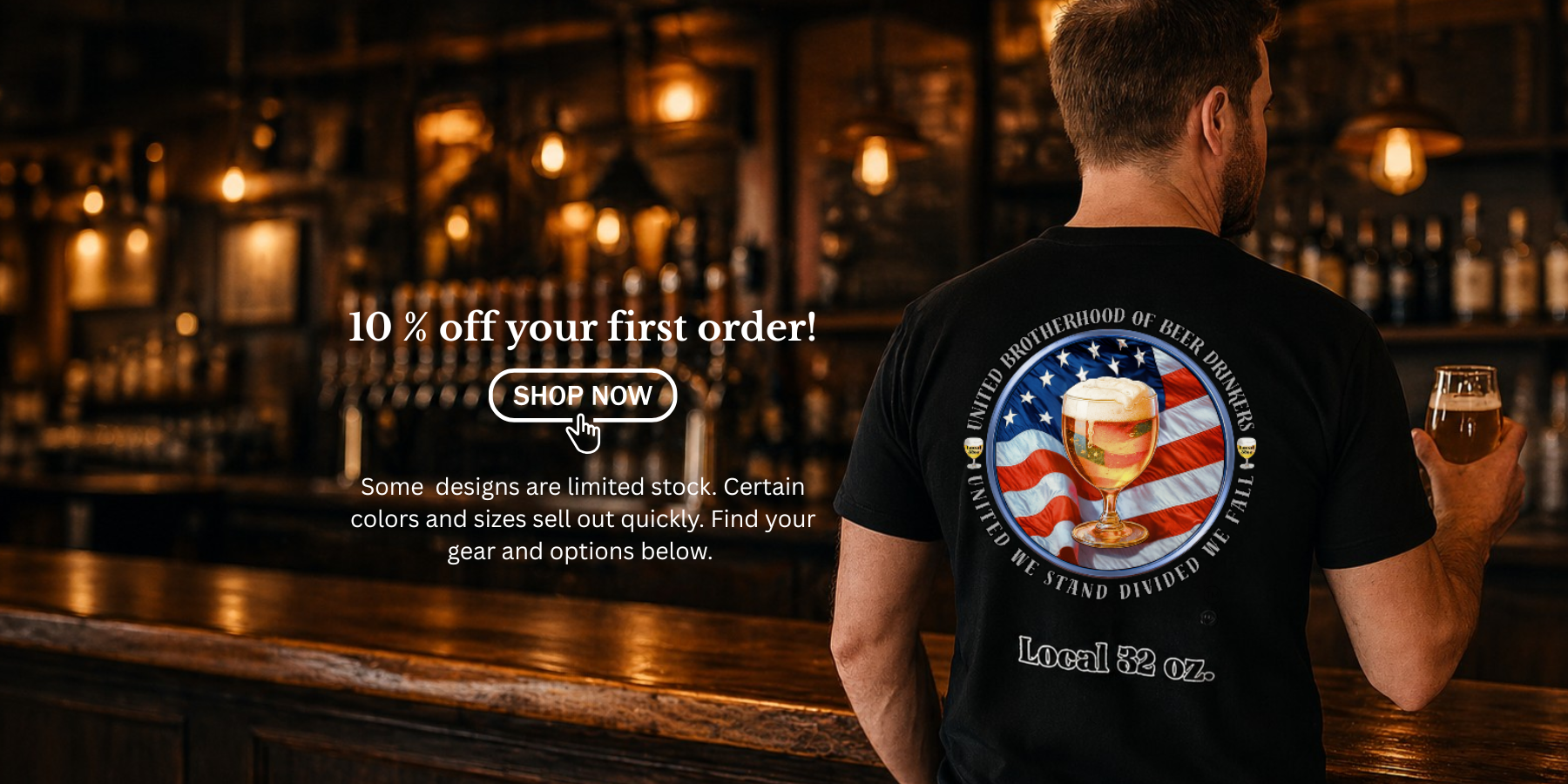 Man in a bar wearing a black t-shirt with a beer graphic and text overlay offering a discount.