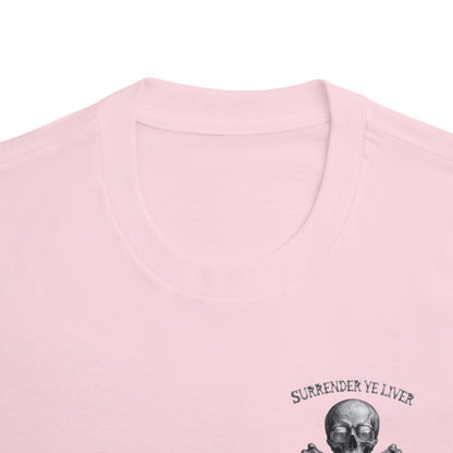 Surrender Ye Liver Skull and Bones Tee. Pirate Skull Crossbones Graphic Tee Shirt