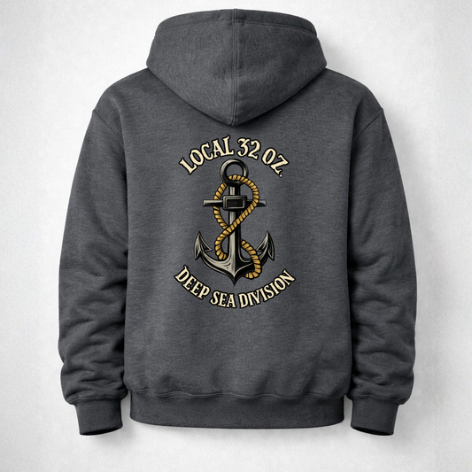 Navy Anchor Hoodie — "Local 32 oz. Deep Sea Division" Graphic Pullover