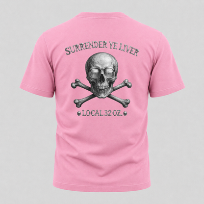Surrender Ye Liver Skull and Bones Tee. Pirate Skull Crossbones Graphic Tee Shirt