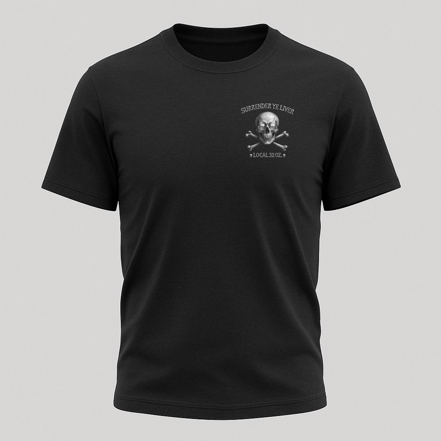 Surrender Ye Liver Skull and Bones Tee. Pirate Skull Crossbones Graphic Tee Shirt