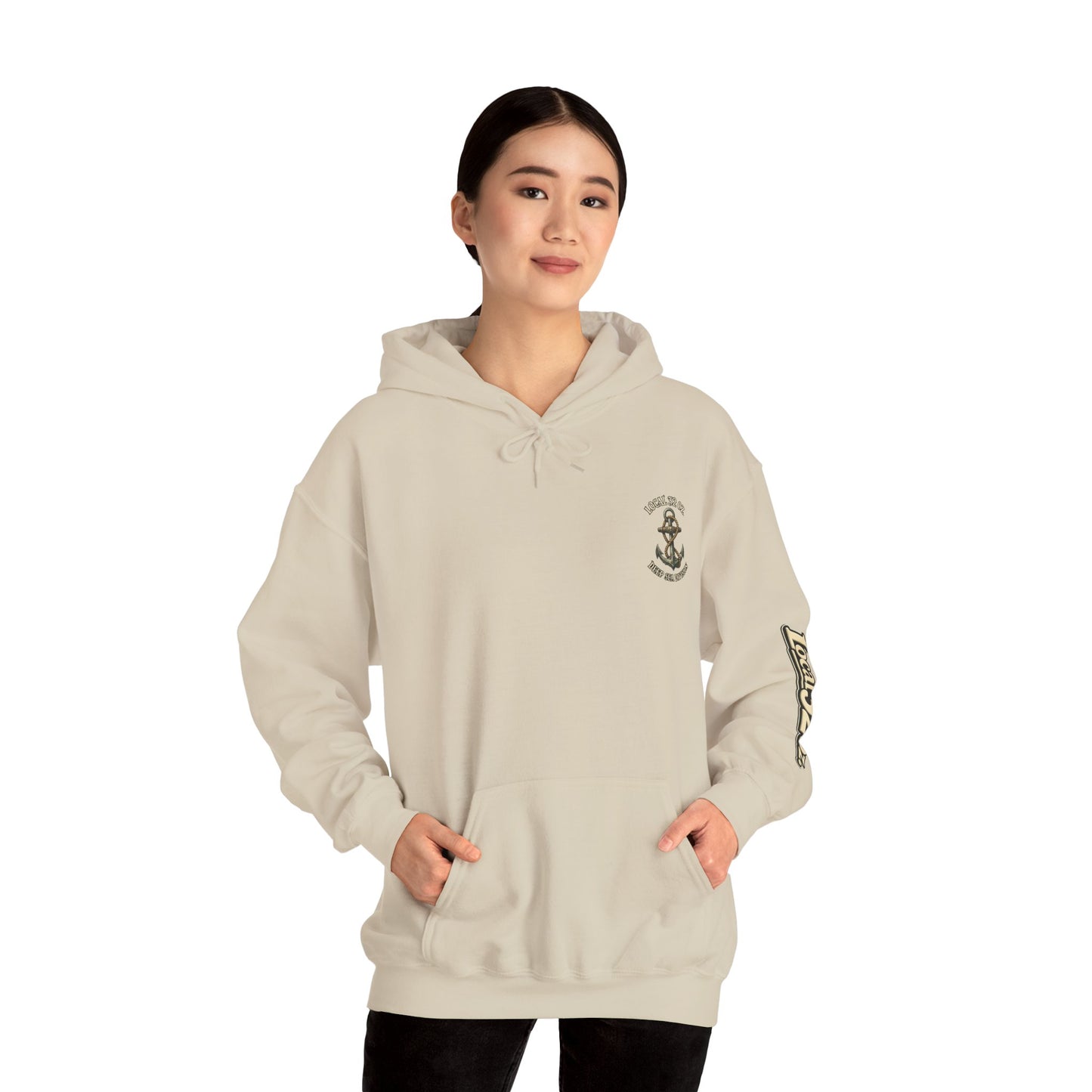 Navy Anchor Hoodie — "Local 32 oz. Deep Sea Division" Graphic Pullover