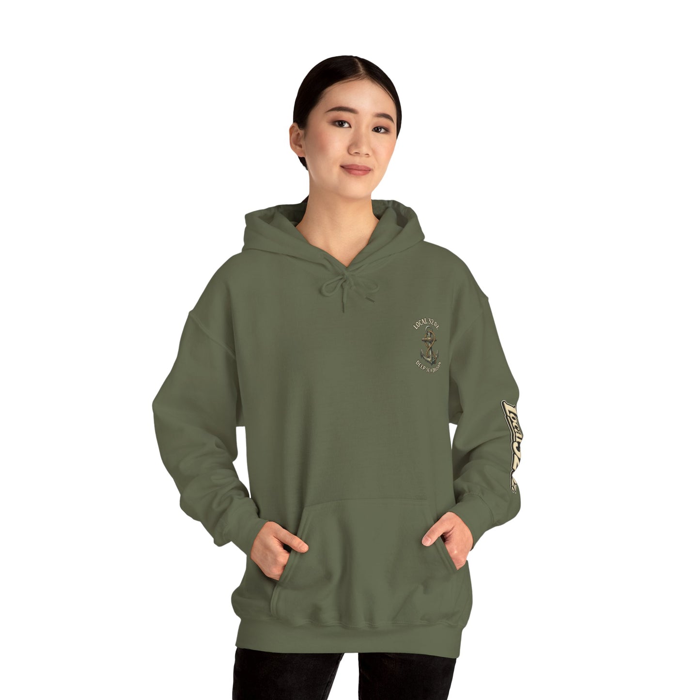 Navy Anchor Hoodie — "Local 32 oz. Deep Sea Division" Graphic Pullover