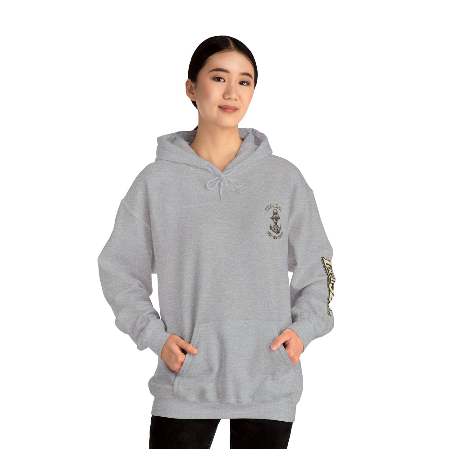 Navy Anchor Hoodie — "Local 32 oz. Deep Sea Division" Graphic Pullover