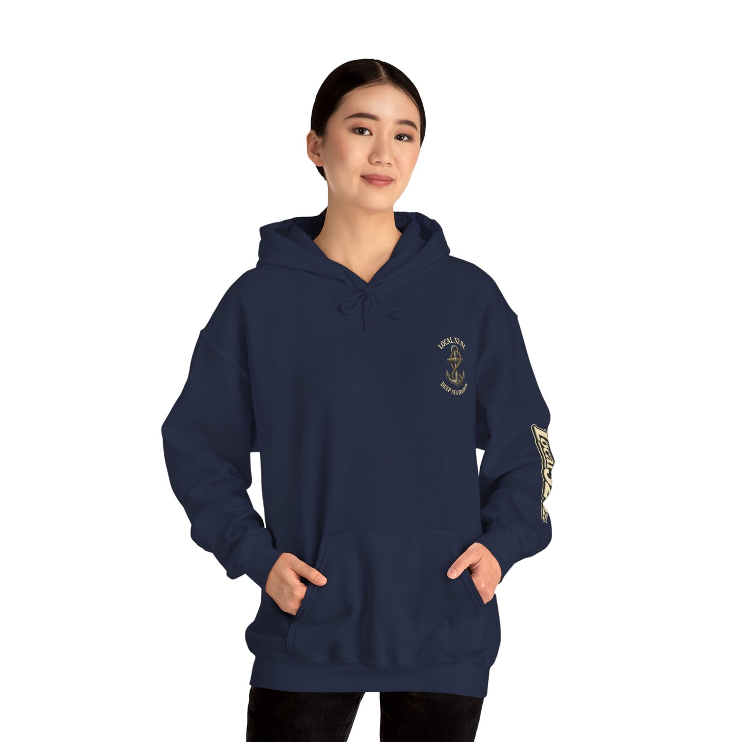 Navy Anchor Hoodie — "Local 32 oz. Deep Sea Division" Graphic Pullover